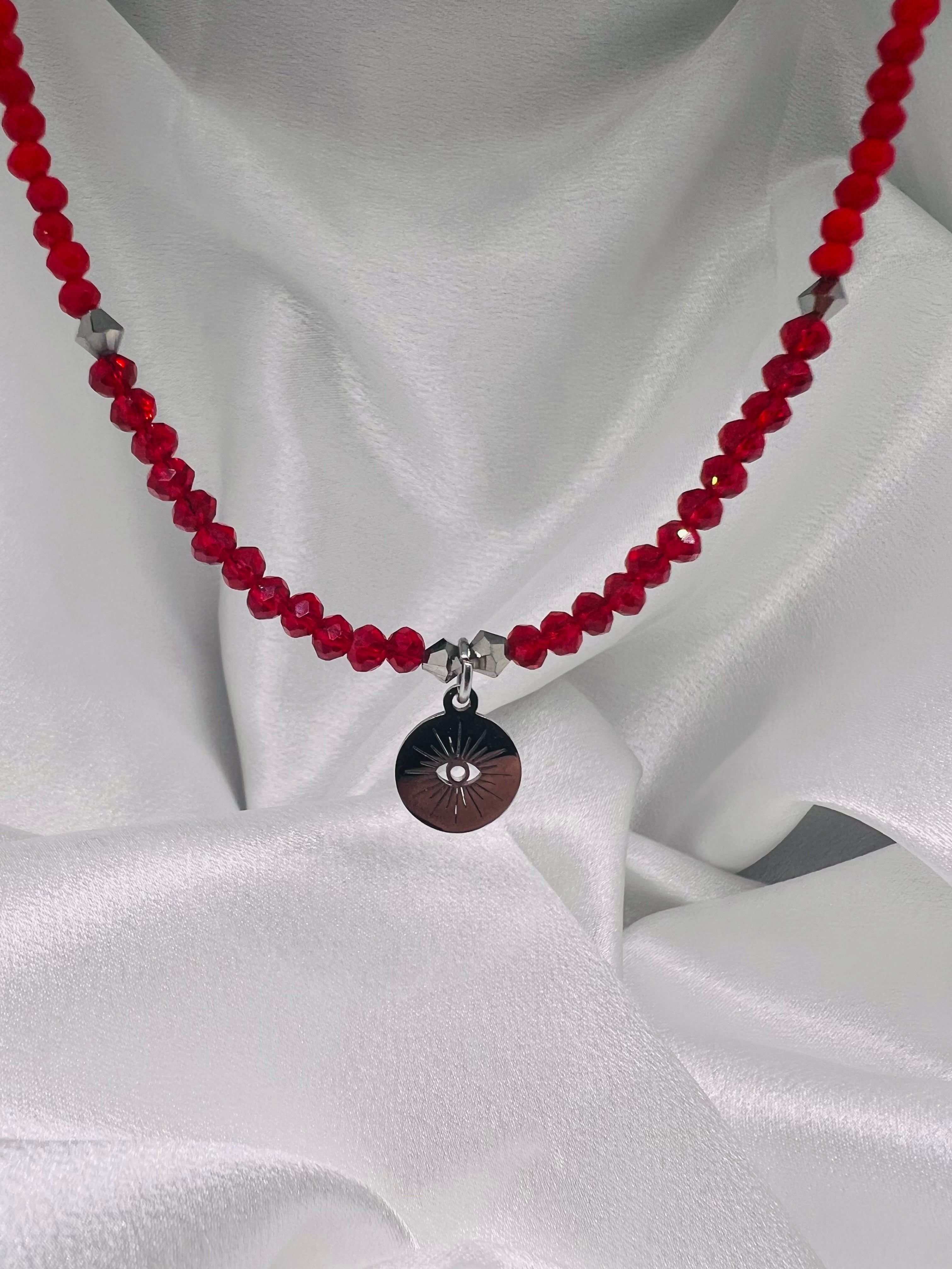 Κόκκινο Κολιέ με Χάντρες Ατσάλι & Αιματίτη